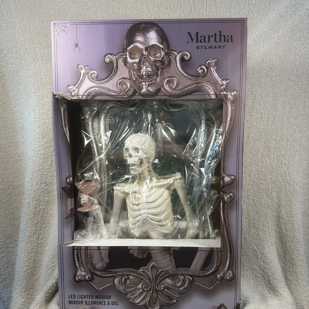 Martha Stewart Halloween Decor Skeleton Holding Pink‎ Martini Glass LED Mirror